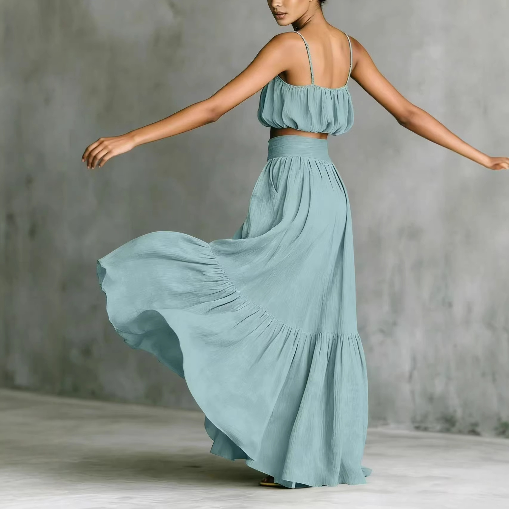 Boho Summer Beach Maxi Dress - 여성 여름 투피스 의상, 러칭 크롭탑과