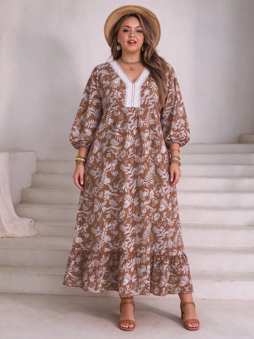Boho Summer Beach Maxi Dress - 플러스 사이즈 여성용 잎무늬 플로럴 맥시