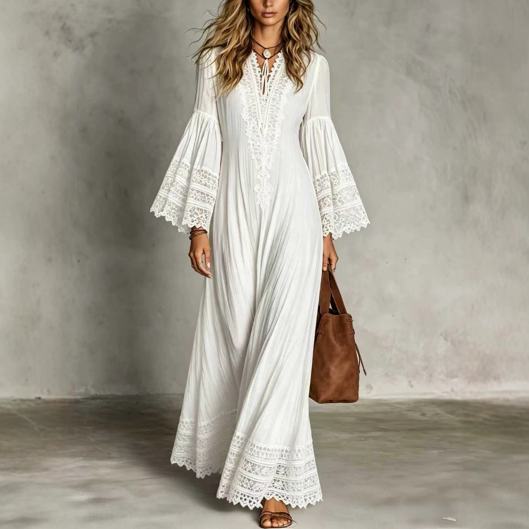 Boho Summer Beach Maxi Dress - 여성용 우아한 레이스 소재의 롱 드레스,