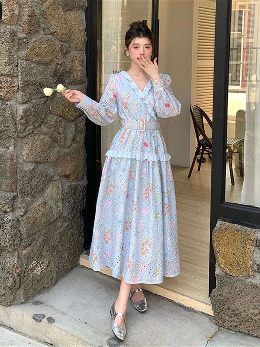 프랑스 로맨틱 스타일 랜턴 슬리브 플로럴 프린트 미디  - French Vintage Floral Midi Dress 리뷰 및 가격