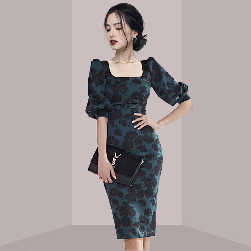 우아한 여성스러운 플로럴 프린트 슬림핏 미디 드레스 한 - French Vintage Floral Midi Dress 리뷰 및 가격