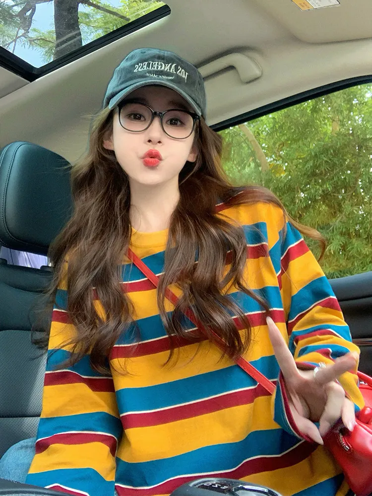 여성용 컬러 블록 스트라이프 긴팔 티셔츠, 둥근 네크라 - Blouses 리뷰 및 가격