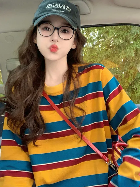 여성용 컬러 블록 스트라이프 긴팔 티셔츠, 둥근 네크라 - Blouses 리뷰 및 가격
